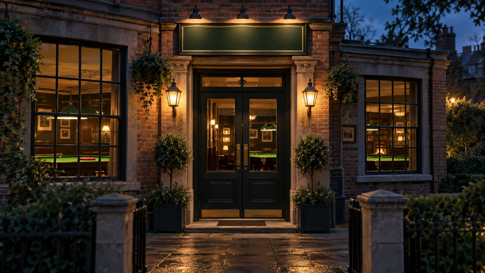 An unbranded snooker club entrance at dusk