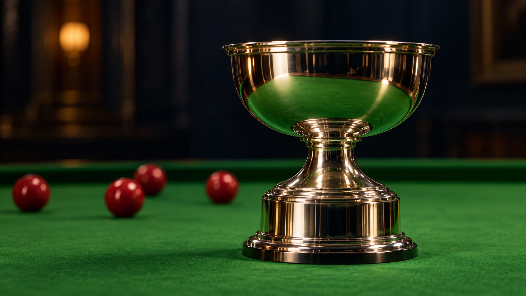 A silver snooker trophy beside red balls