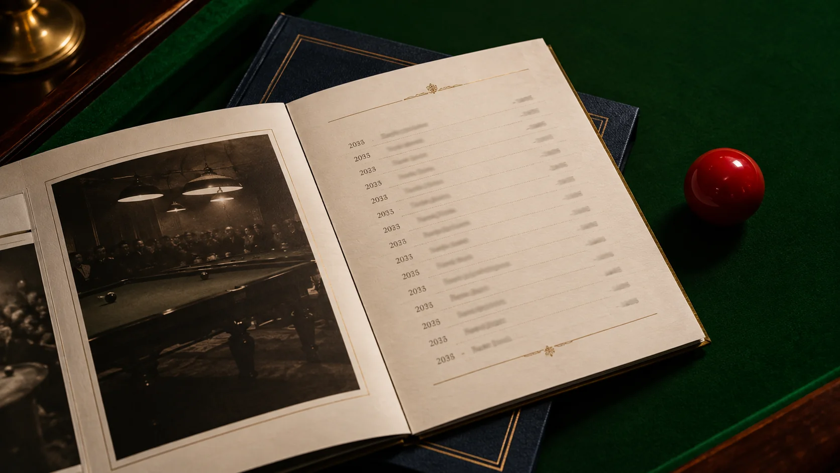 An archival season record on a snooker table