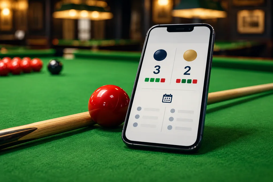 A phone displaying a match comparison beside a snooker cue and ball on green baize