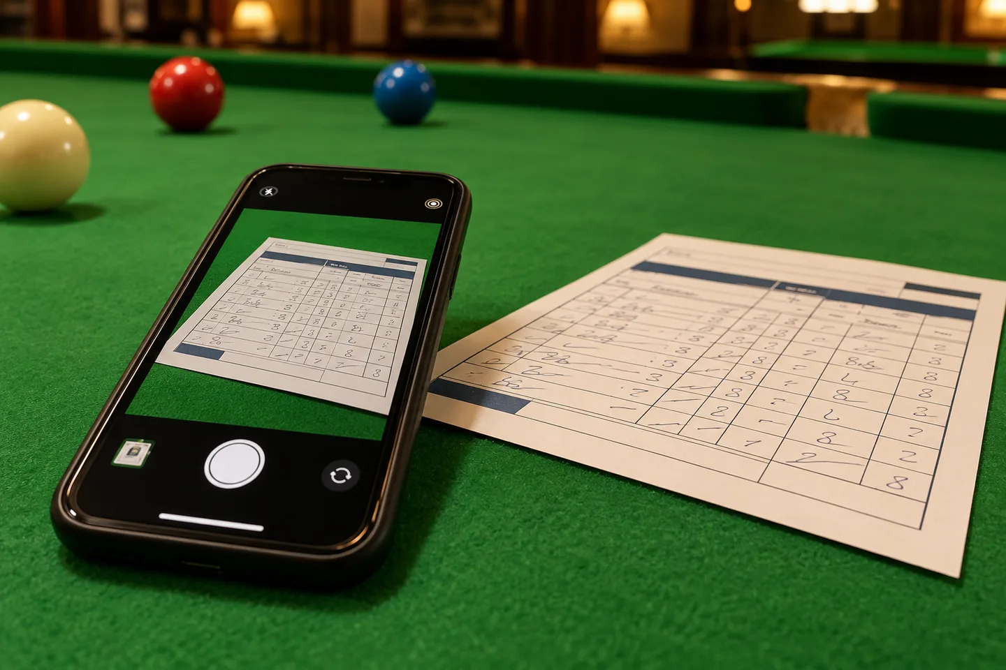 A phone photographing a completed result card on a snooker table